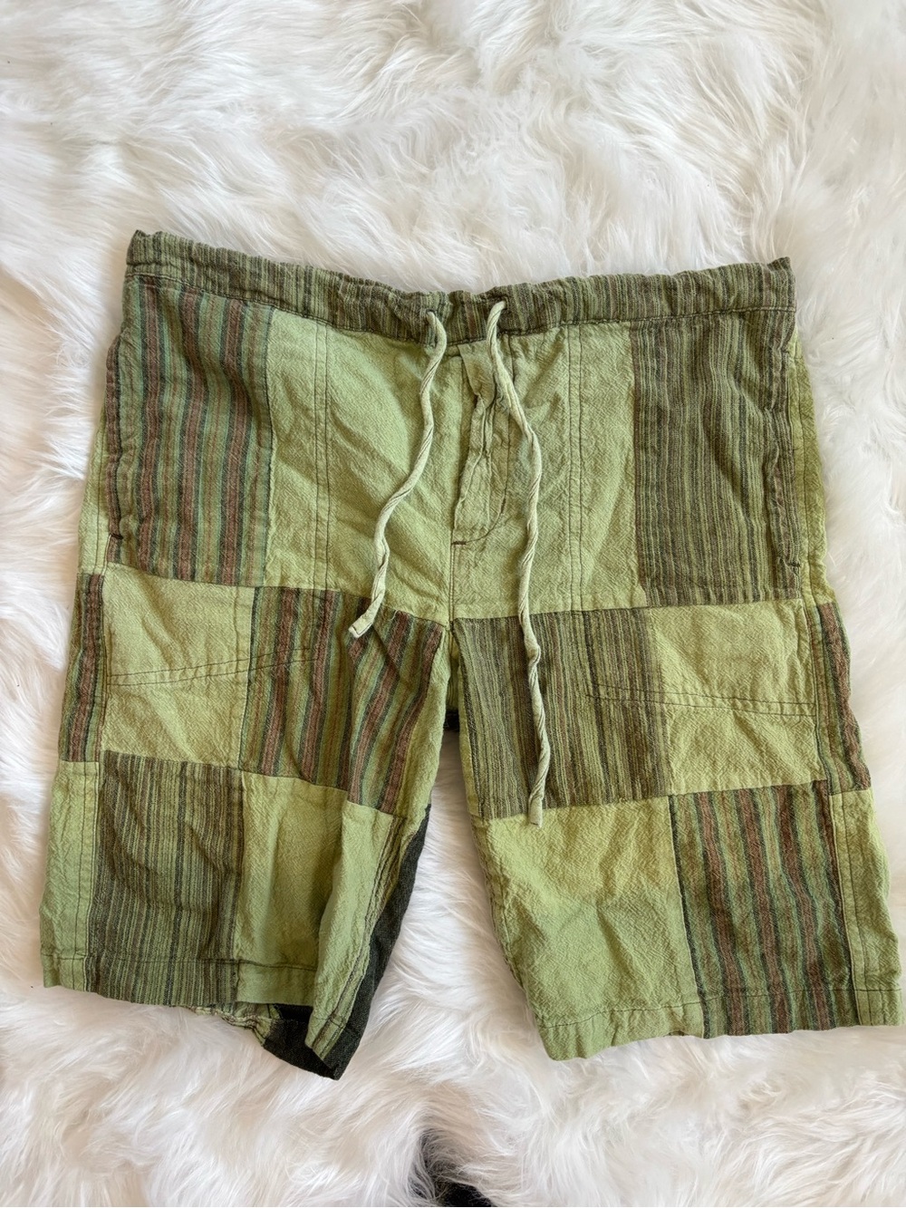 Lahkays LARGE BOHO Men's Green Patchwork Drawstring Shorts hippie